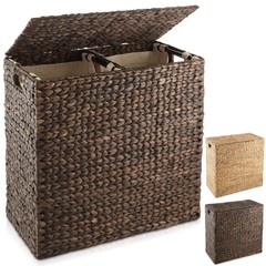 2-Section Laundry Hamper Clothes Basket with Lid & Liners, Woven Hyacinth Wicker
