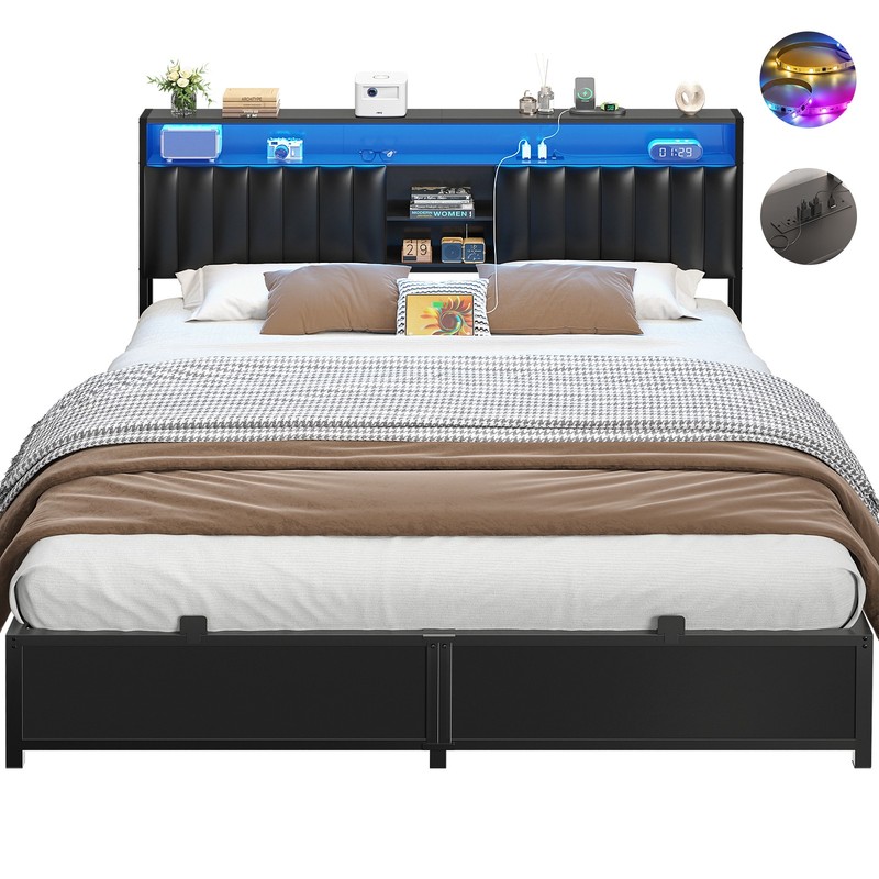 King/Queen/Full Size Bed Frame with Upholstered Storage Headboard ＆ LED ＆ Outlet gallery