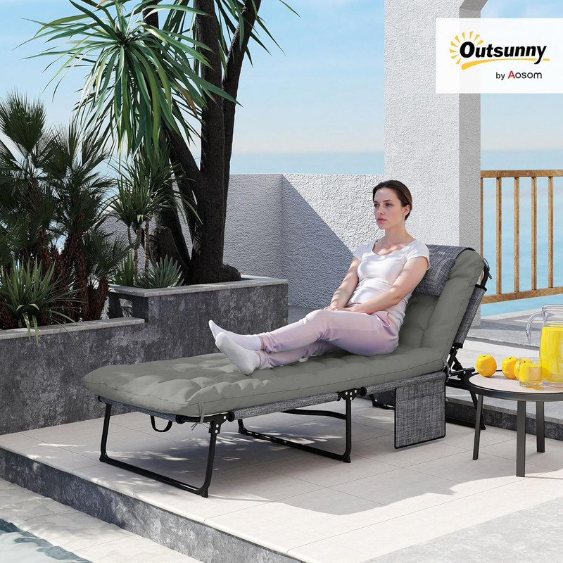 Folding Chaise Lounge with 4-Level Reclining Back, Outdoor Tanning Chair with Cu gallery