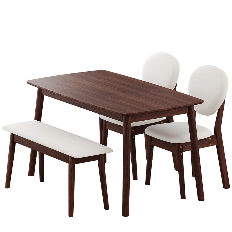4 Piece Dining Table Set Solid Rubber Wood 2 Padded Chairs Bench Walnut Kitchen gallery