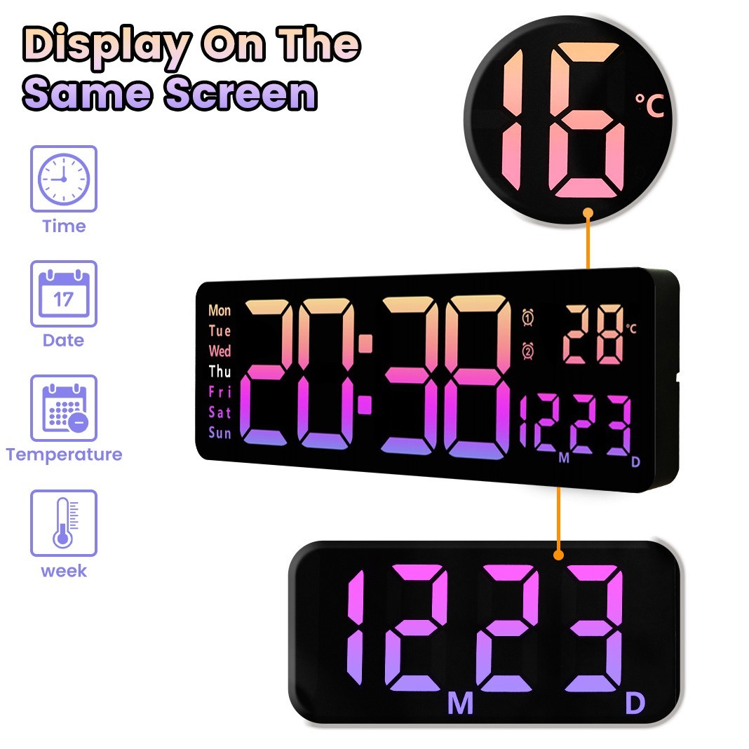 16" Large LED Digital Wall Clock, Brightness Adjustment, Dual alarm clock gallery