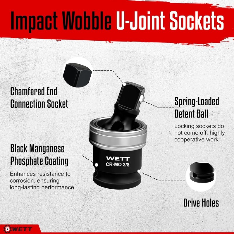 WETT 3-Piece Impact Universal Joint Set, 1/2", 3/8" and 1/4" Drive Socket Swivel gallery