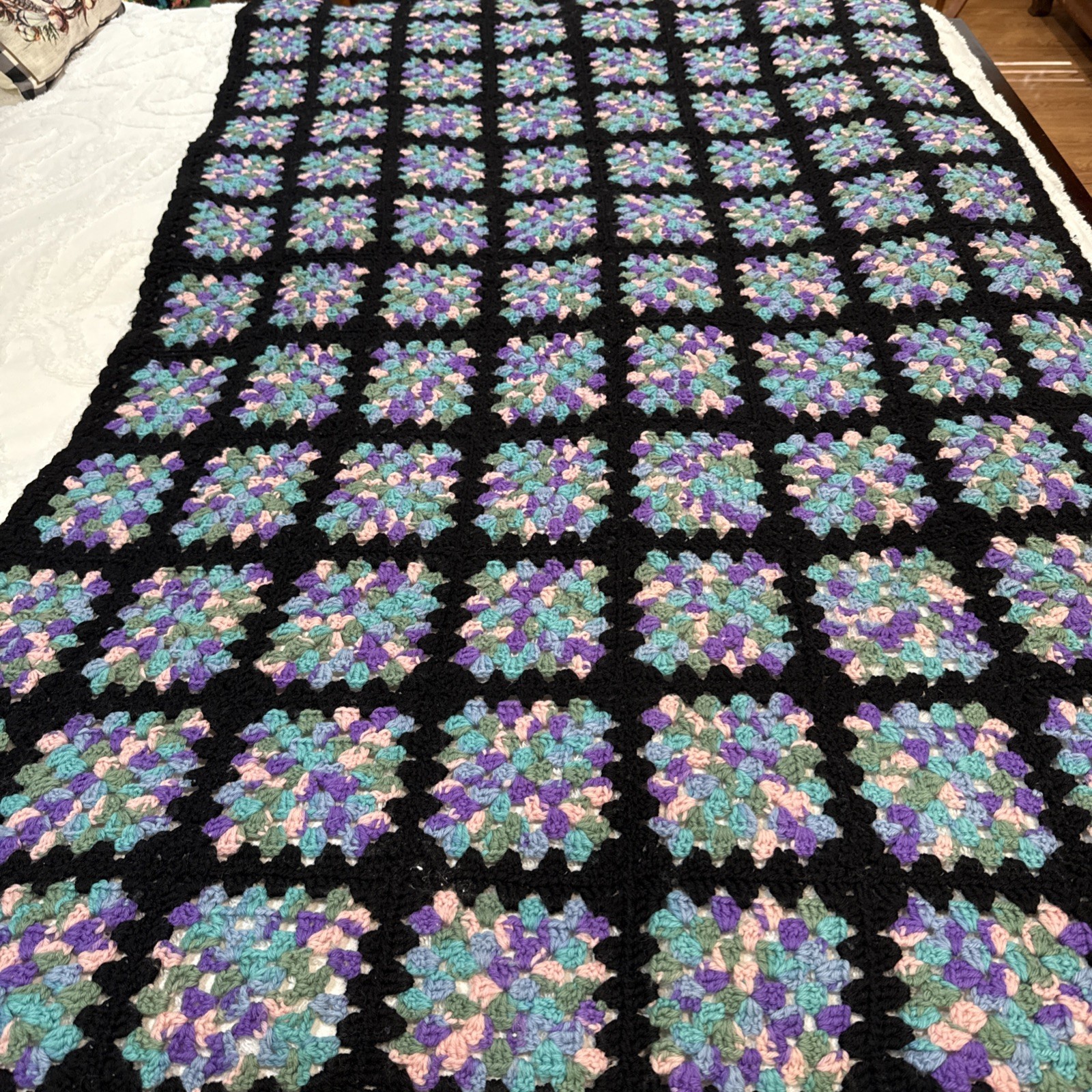 Vintage Crochet Granny Square Black Multicolor Afghan Throw 75”x46” gallery