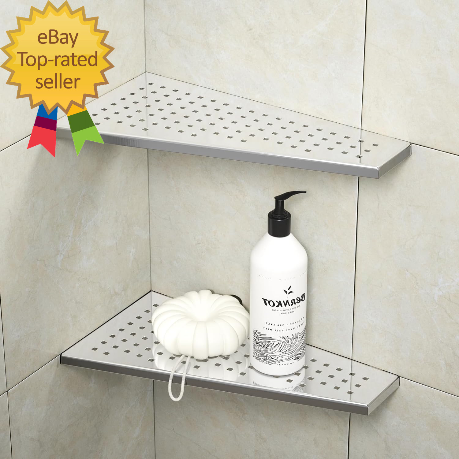 Corner Shower Shelf 12" Polished 304 Stainless Steel Recessed Trapezoid Grout gallery