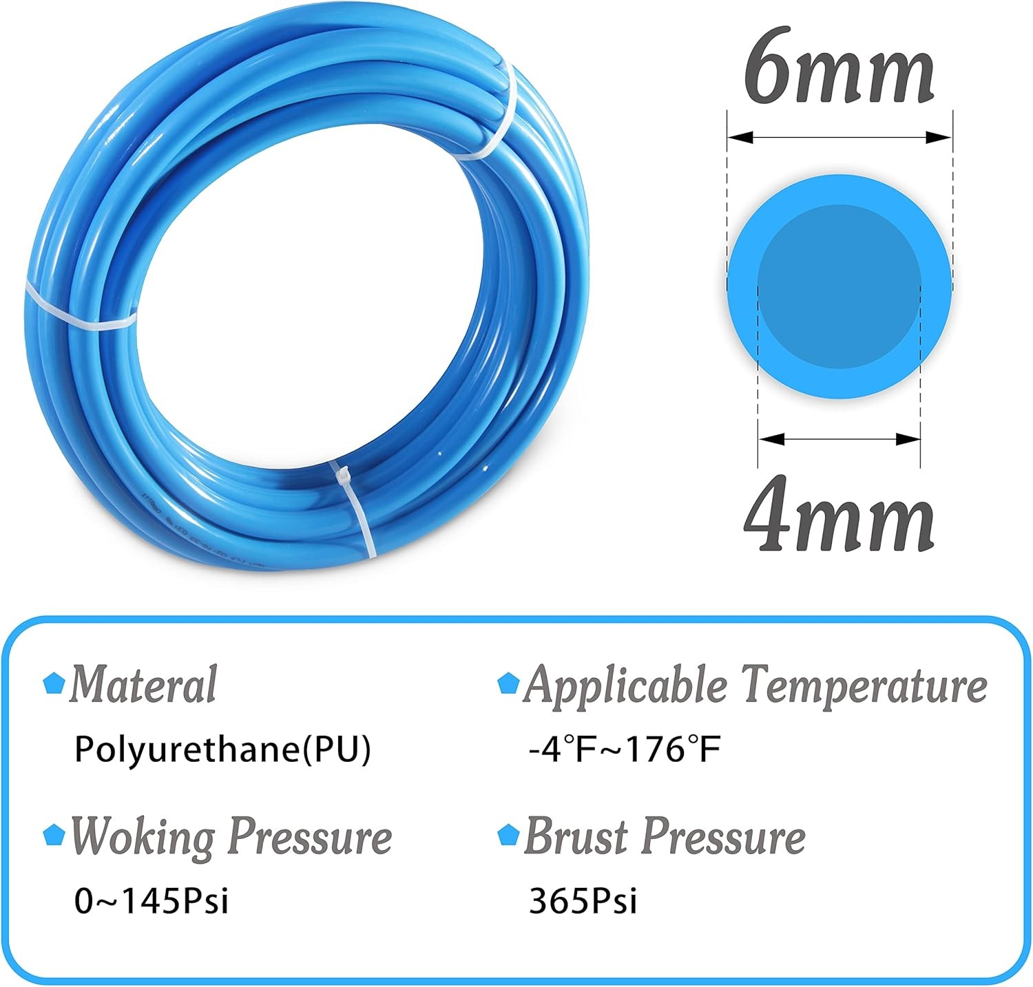 Pneumatic Tubing Blue Polyurethane PU Air Hose Pipe Tube Kit 6mm x 10M, gallery