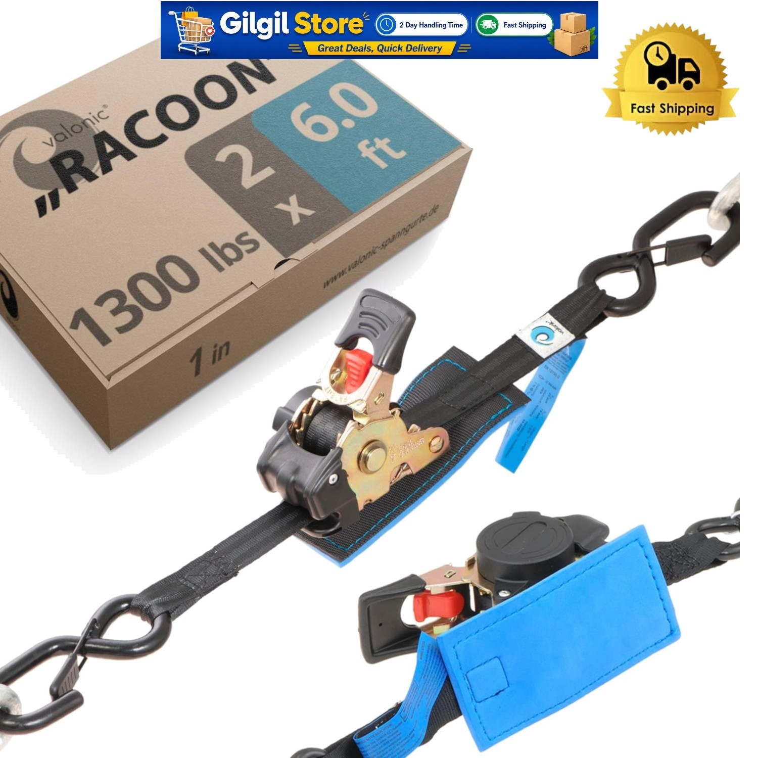 Heavy-Duty Racoon Boat Tie Down Straps - 1300 lbs, 2 Pack with Protection Pad gallery
