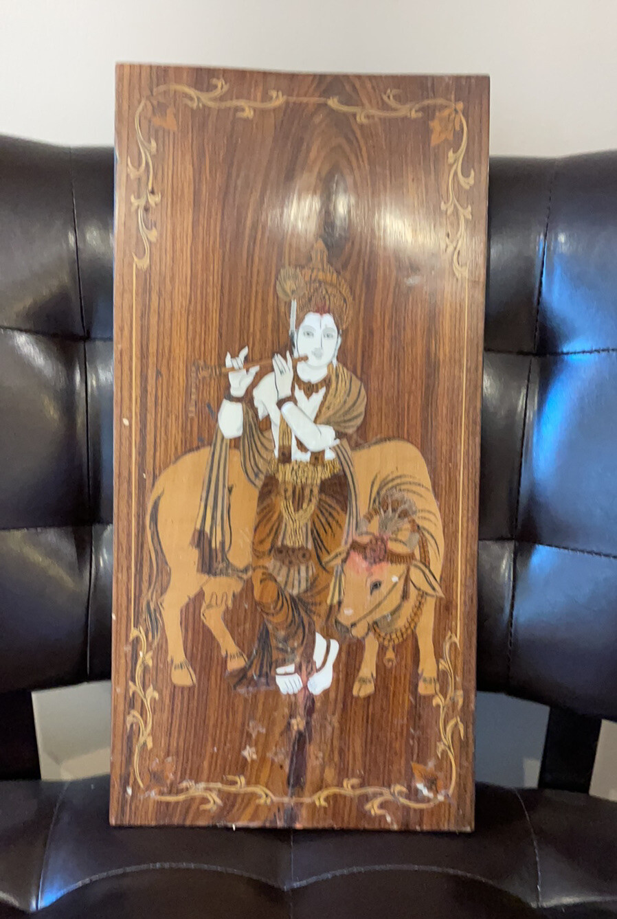 Intricate Design Wood Vintage Lord Krishna Holding Flute Wall art gallery
