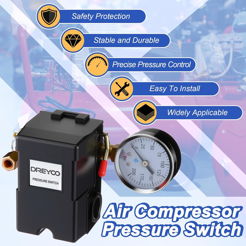 Air Compressor Pressure Switch 135-175 4-Port 20 Amp with 0-200 PSI Gauge and 20 gallery
