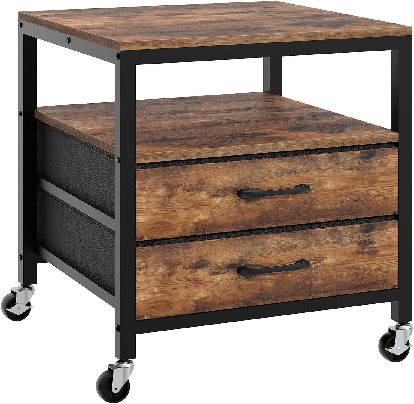 4-Tier Rolling Mini Fridge Stand with Drawers, Rustic Brown & Black gallery