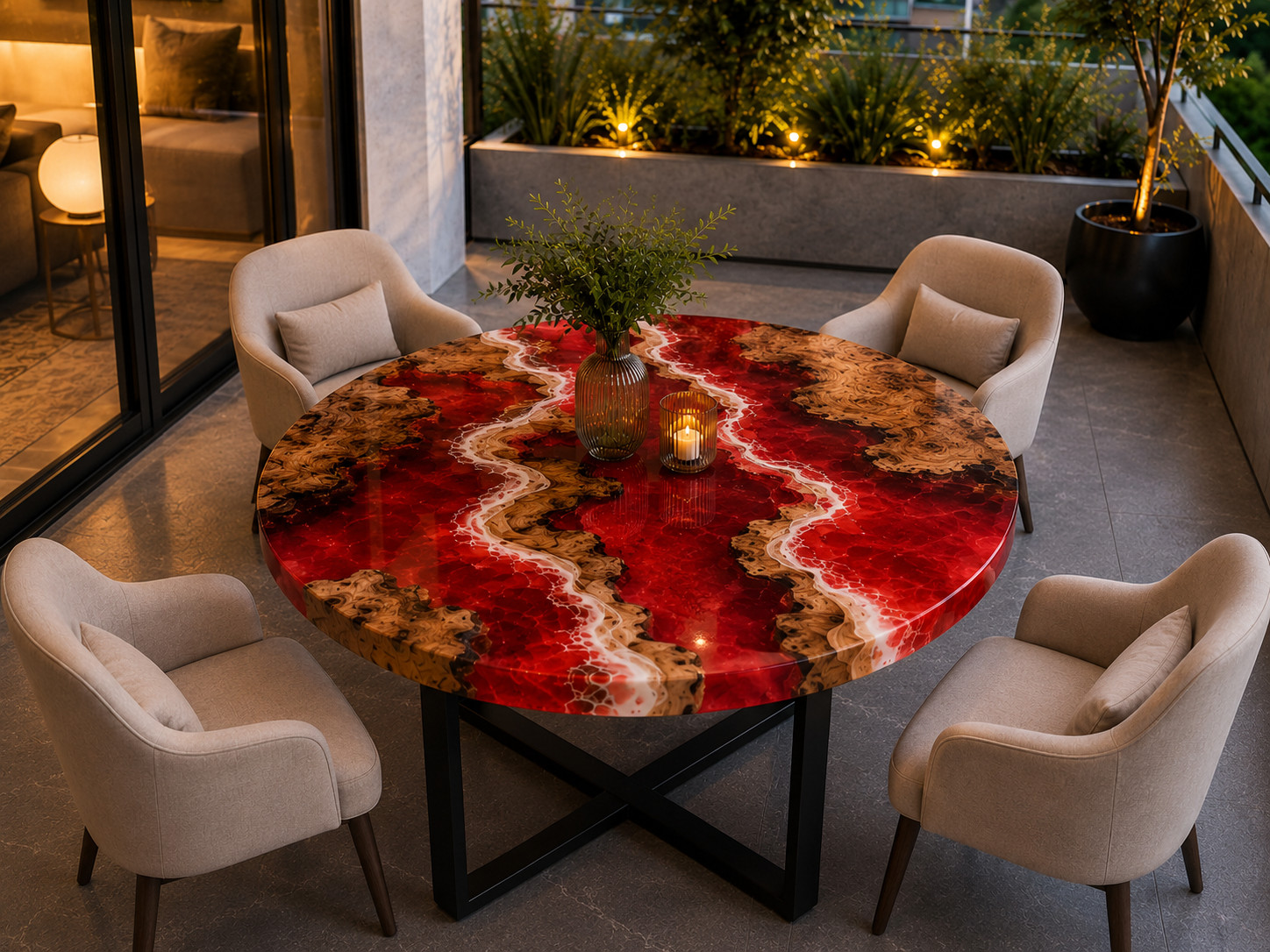 Red Epoxy Resin Round Table Handmade Solid River Wood Custom Hallway Furniture gallery