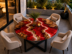Red Epoxy Resin Round Table Handmade Solid River Wood Custom Hallway Furniture