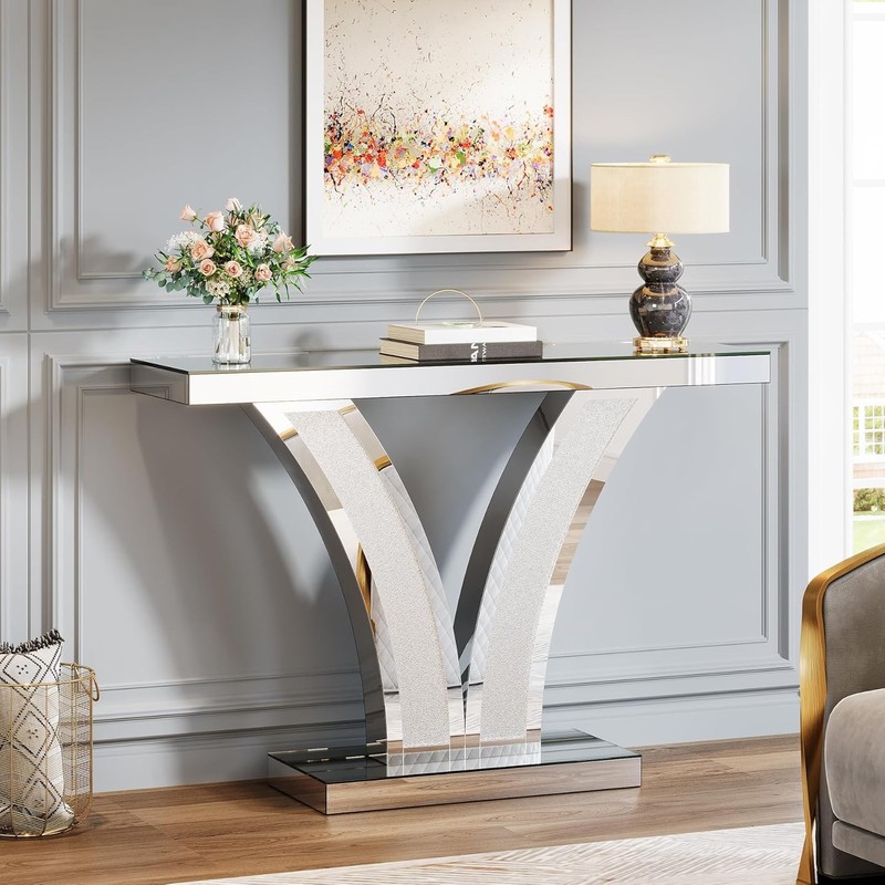 40"Sliver Mirrored Console Table, Modern Entryway Sofa Table with Crystal Frames gallery