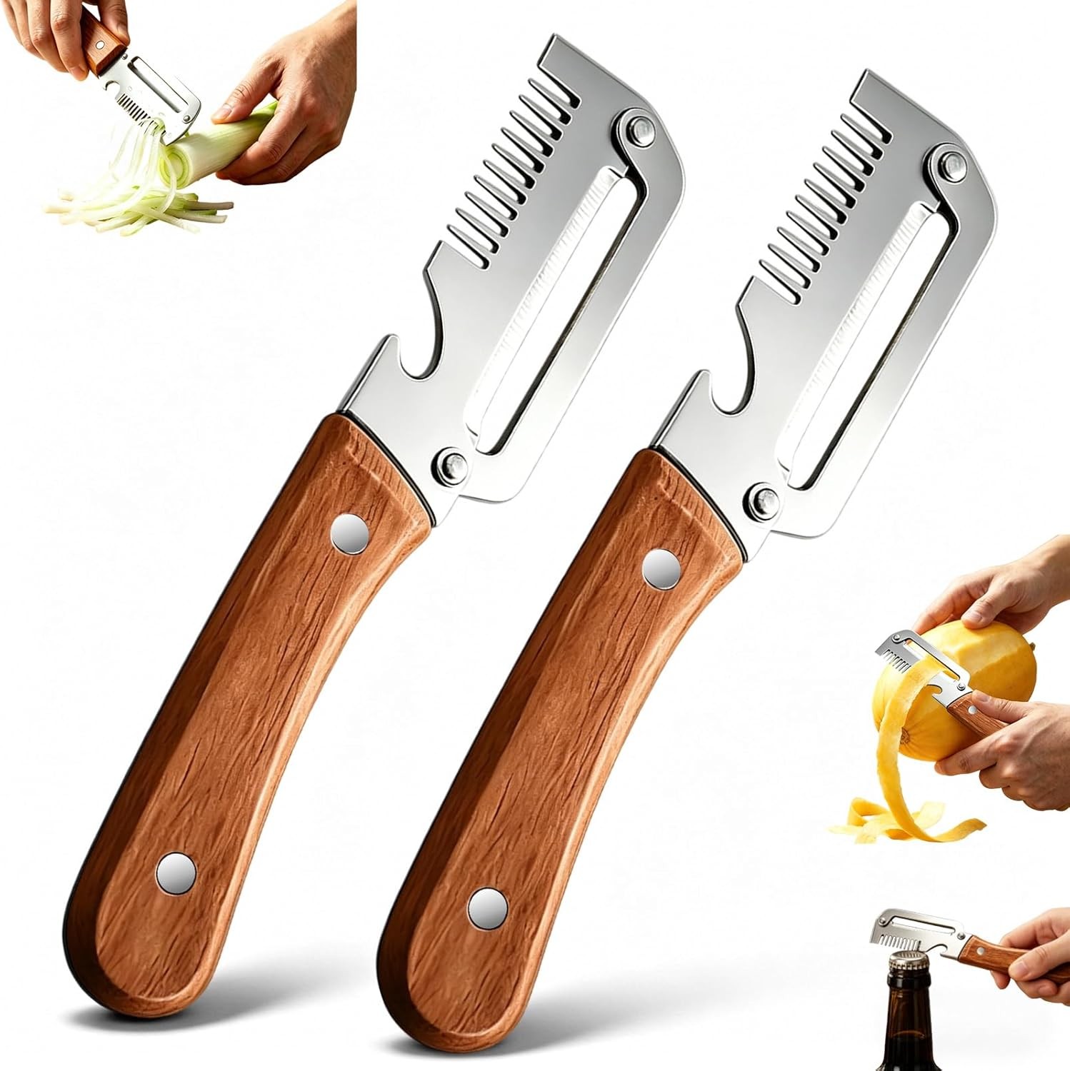 2 PCS 3-in-1 Multifunctional Vegetable Peeler with Wooden Handle,Julienne Slicer gallery