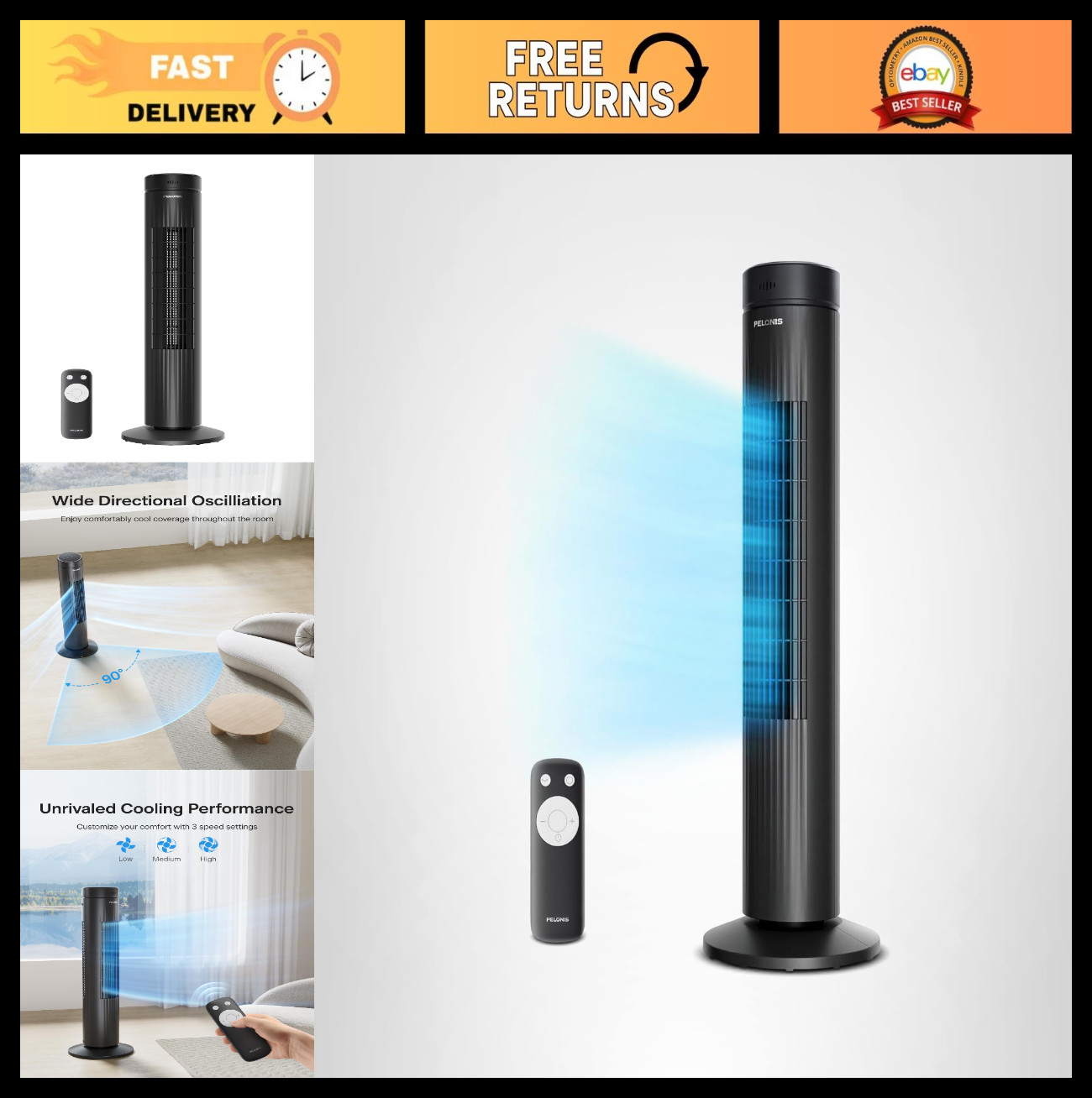 30-Inch Oscillating Tower Fan - 3 Speed, Quiet, Remote Control, 7-Hour Timer, ET gallery