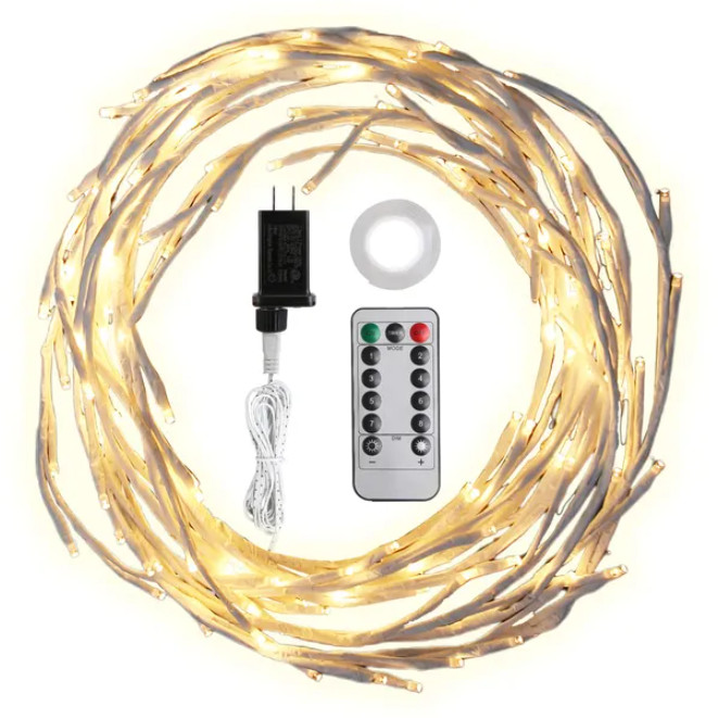 Birch Flower Wreath With Light String And Timer, 8 Modes, IP45 Waterproof gallery