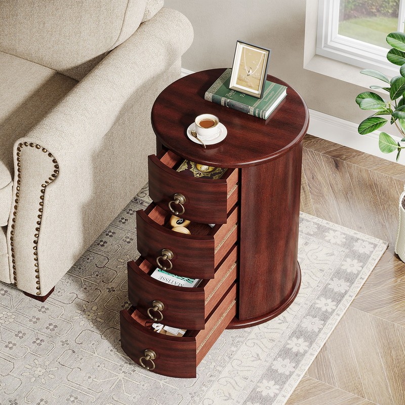 Solid Wood End Table, Round Side Table with 4 Drawers, No Assembly Required gallery