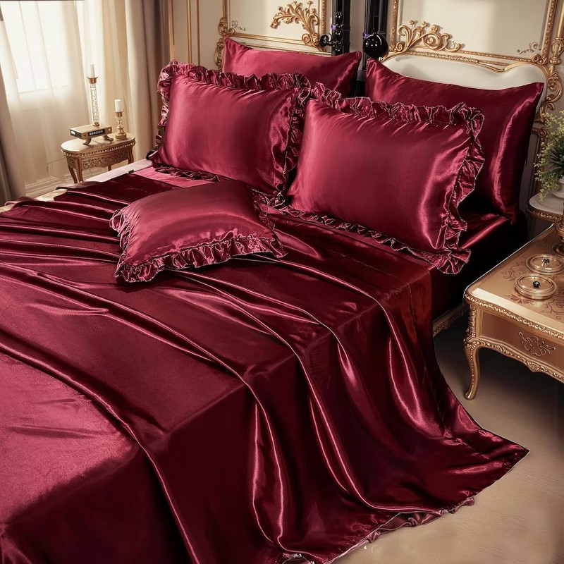 Silk Like Satin Comforter Set with Sheet Set King 8 Pcs Burgundy Satin Bedding S gallery