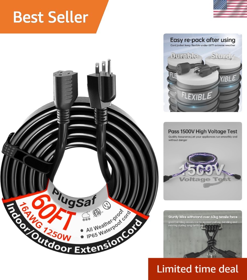 Advanced Waterproof 60 ft 3-Prong Extension Cord for Outdoor Use - 13A/1625W gallery