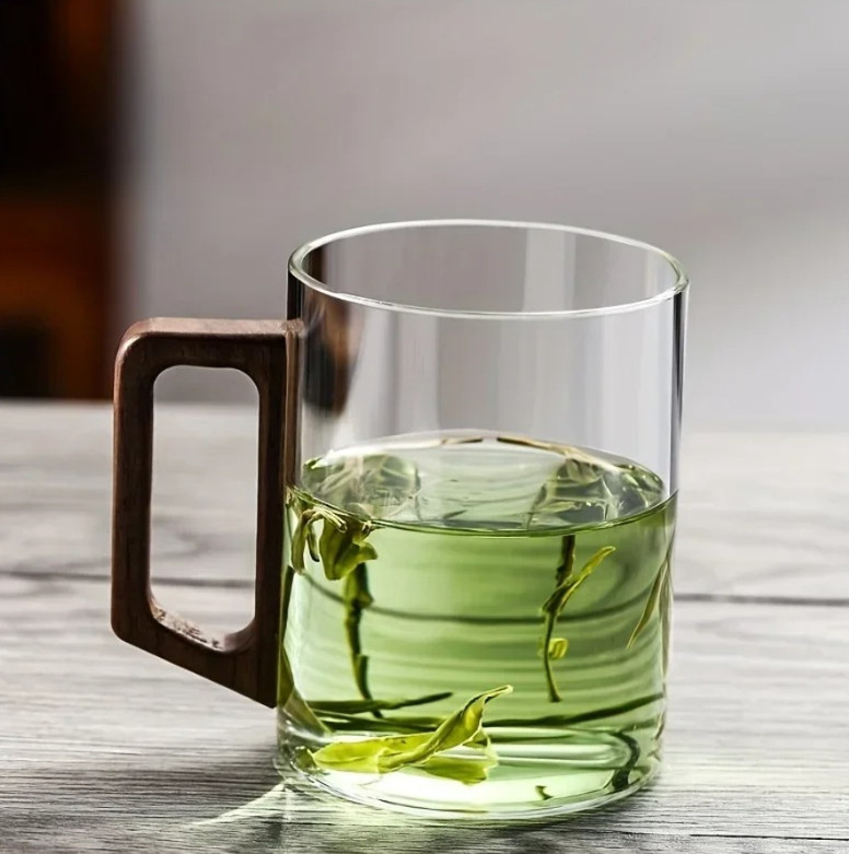 1pc 400ml Glass Mug with Walnut Handle Heat-Resistant Large Tea Coffee Cup - NEW gallery