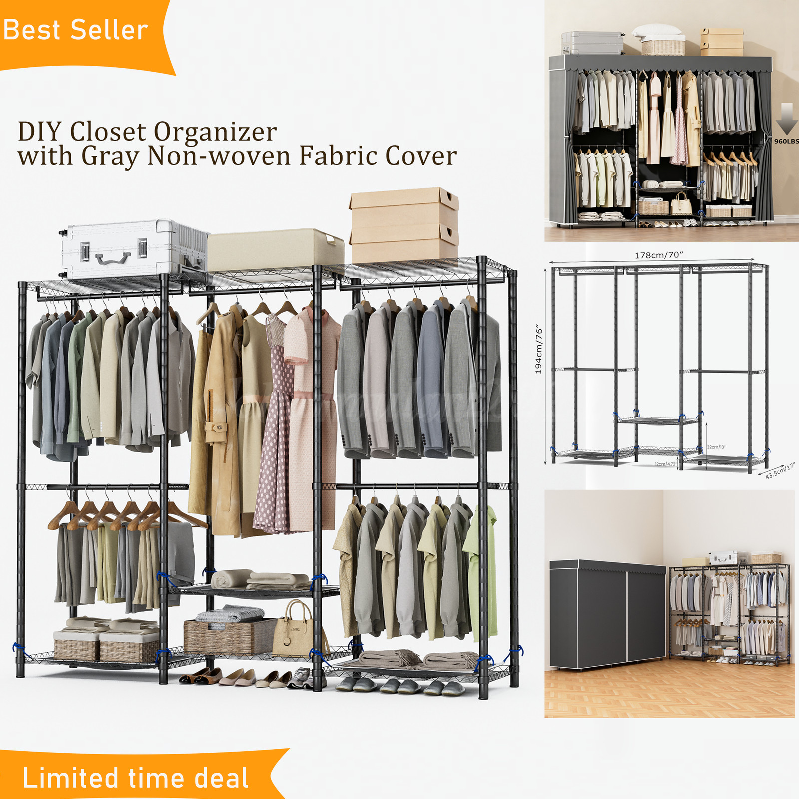960 LBS Portable Wardrobe Closet Clothes Rack Storage Organizer with Cover Grey gallery
