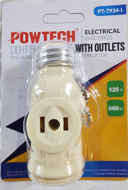 Light Bulb Socket Adapter w/ Dual Outlet Pull Chain On/Off 125V 660W Ivory gallery
