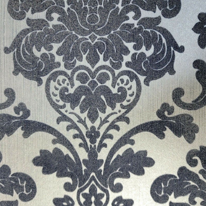 Wallpaper rolls flocking navy blue silver metallic Flocked vintage velvet Damask gallery