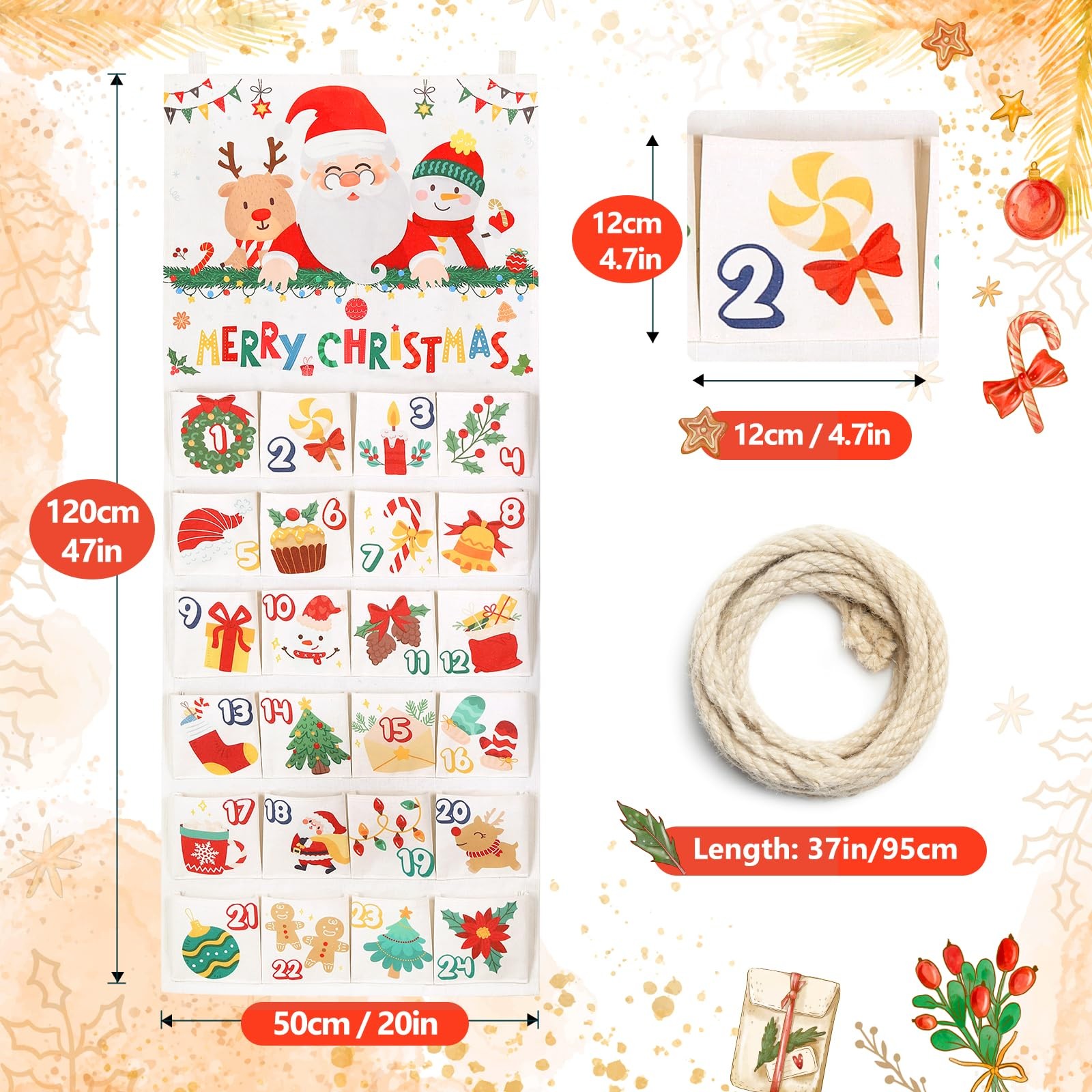 Christmas Hanging Advent Calendar 2025 with 24 Pockets - 20x47 in, Empty Adve... gallery