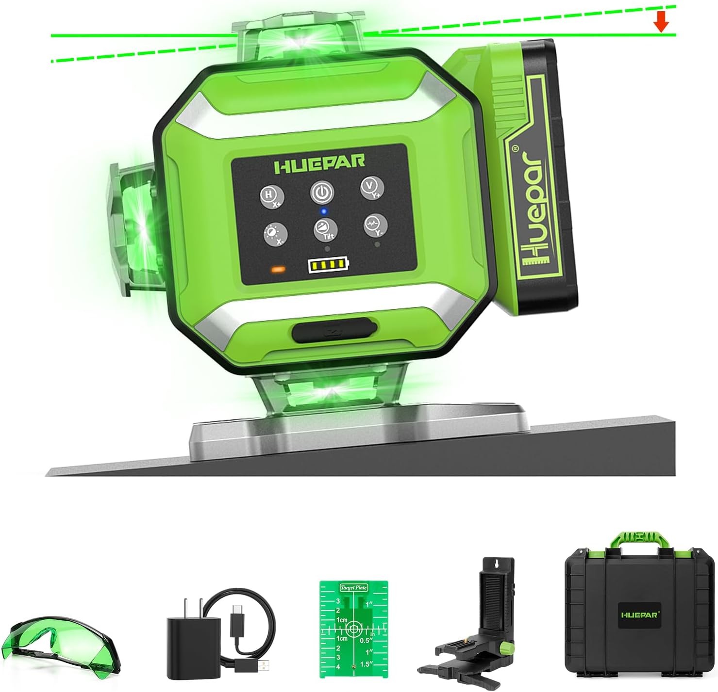 4x360° Green Cross Line Laser Level, ±1/18" Accuracy, 2Pcs Rechargeable Battery gallery