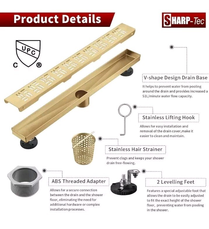 Sharp-tec 32 inch Linear Shower Drain Bathroom 092 Stainless Steel Gold gallery