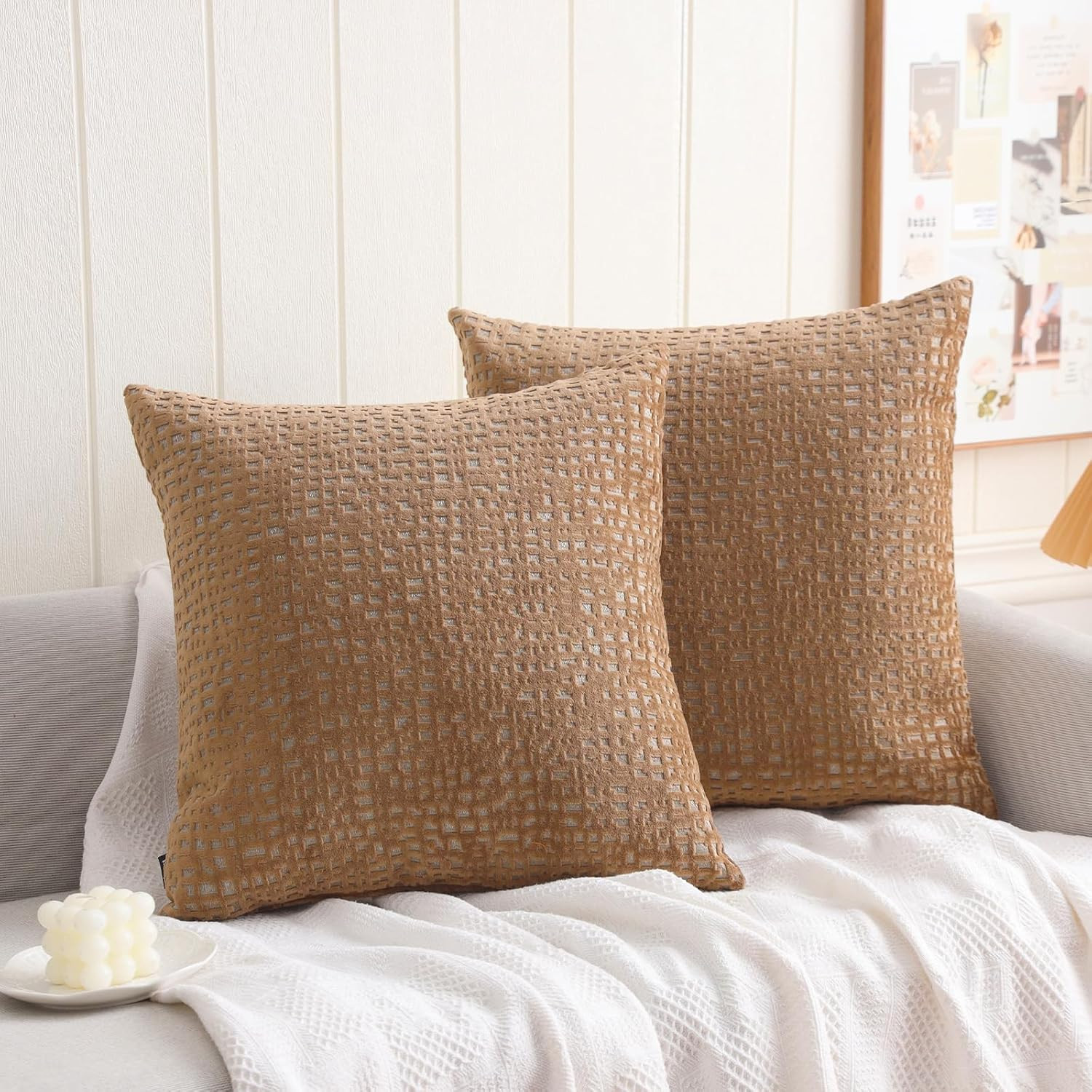 Check Cut Velvet Throw Pillow Covers Pack of 2, 18X18 Inch Accent Cushion Covers gallery