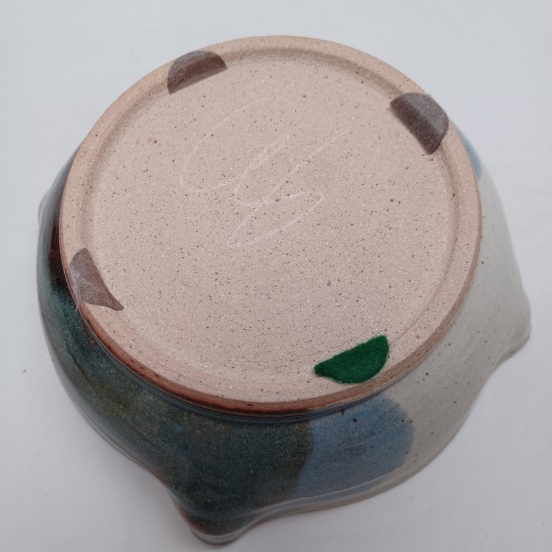 Studio Pottery Handcrafted Signed Stoneware Bowl Blue Brown Drip Glaze 6 inch gallery