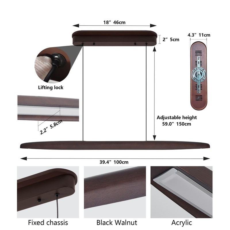 39 in Walnut Linear 3CCT LED Pendant Chandelier Remote Living Room Light Fixture gallery