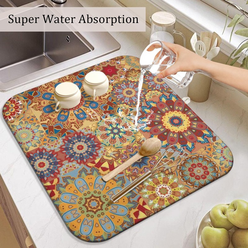 Boho Dish Drying Mat for Kitchen Countertops, Bohemian Floral Microfiber gallery