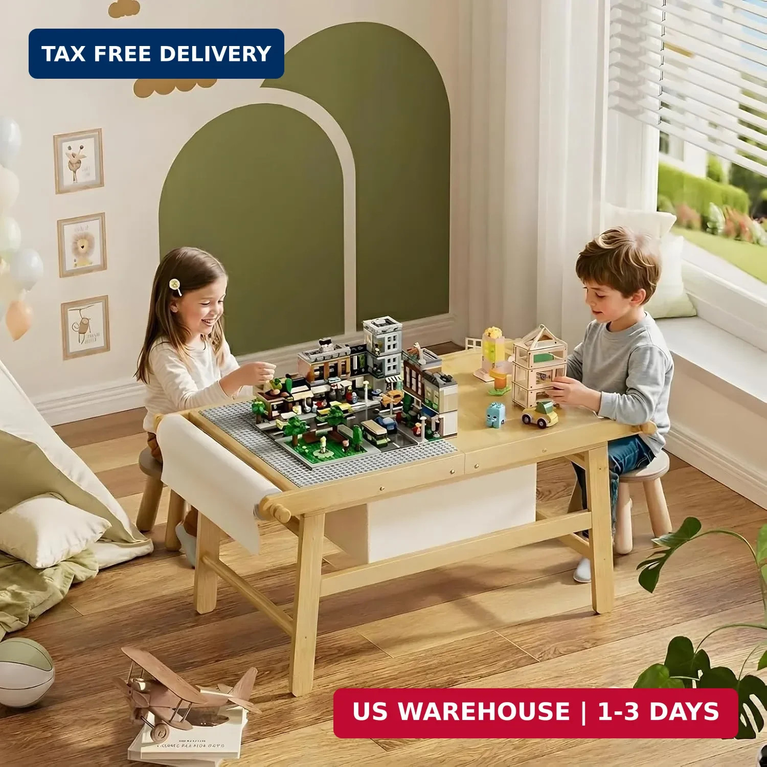 Kids Train Table with Storage, 5 in 1 Bamboo Activity Table for Building Blocks, gallery