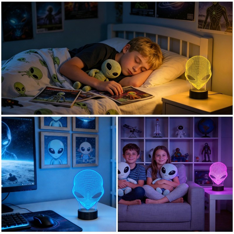 FULLOSUN 3D Night Light Alien Illusion Lamp, LED Martian Medium, Blue-Alien gallery