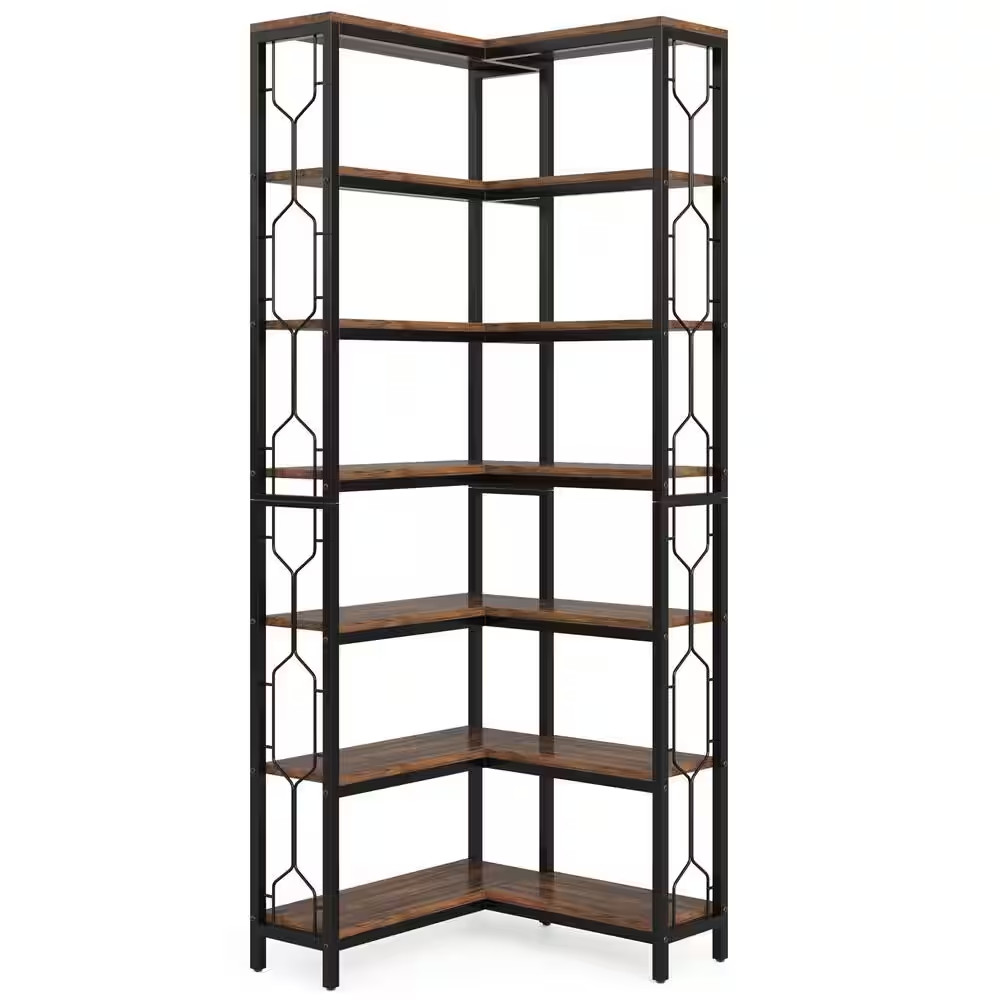 Frailey 23.6 In. Wide Rustic Brown 14-Shelf Corner Bookcase, 7-Tier Industrial C gallery