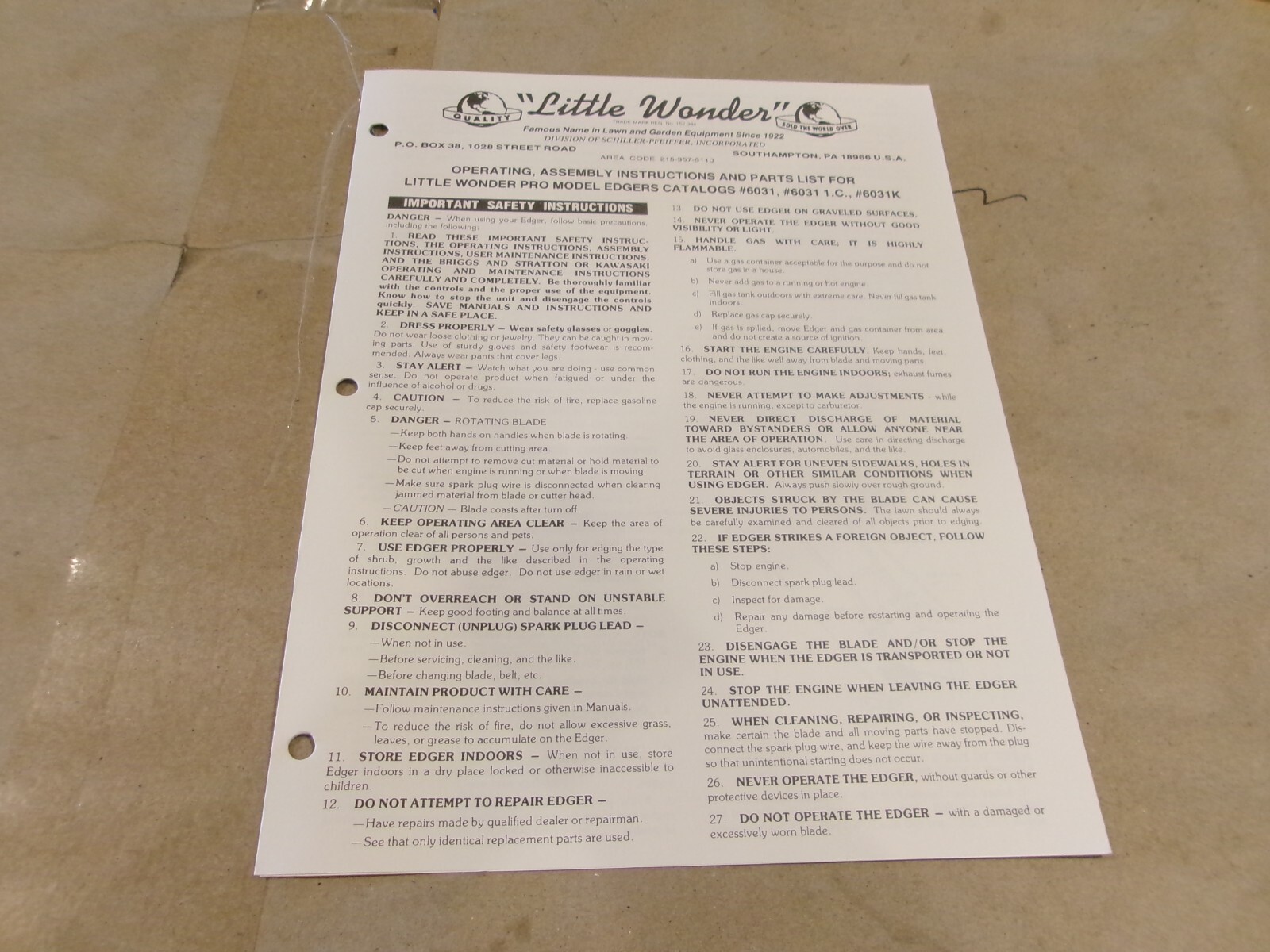 OPER., ASSEMBLY INSTRUCTIONS AND PARTS LIST FOR LITTLE WONDER PRO MODEL EDGERS gallery