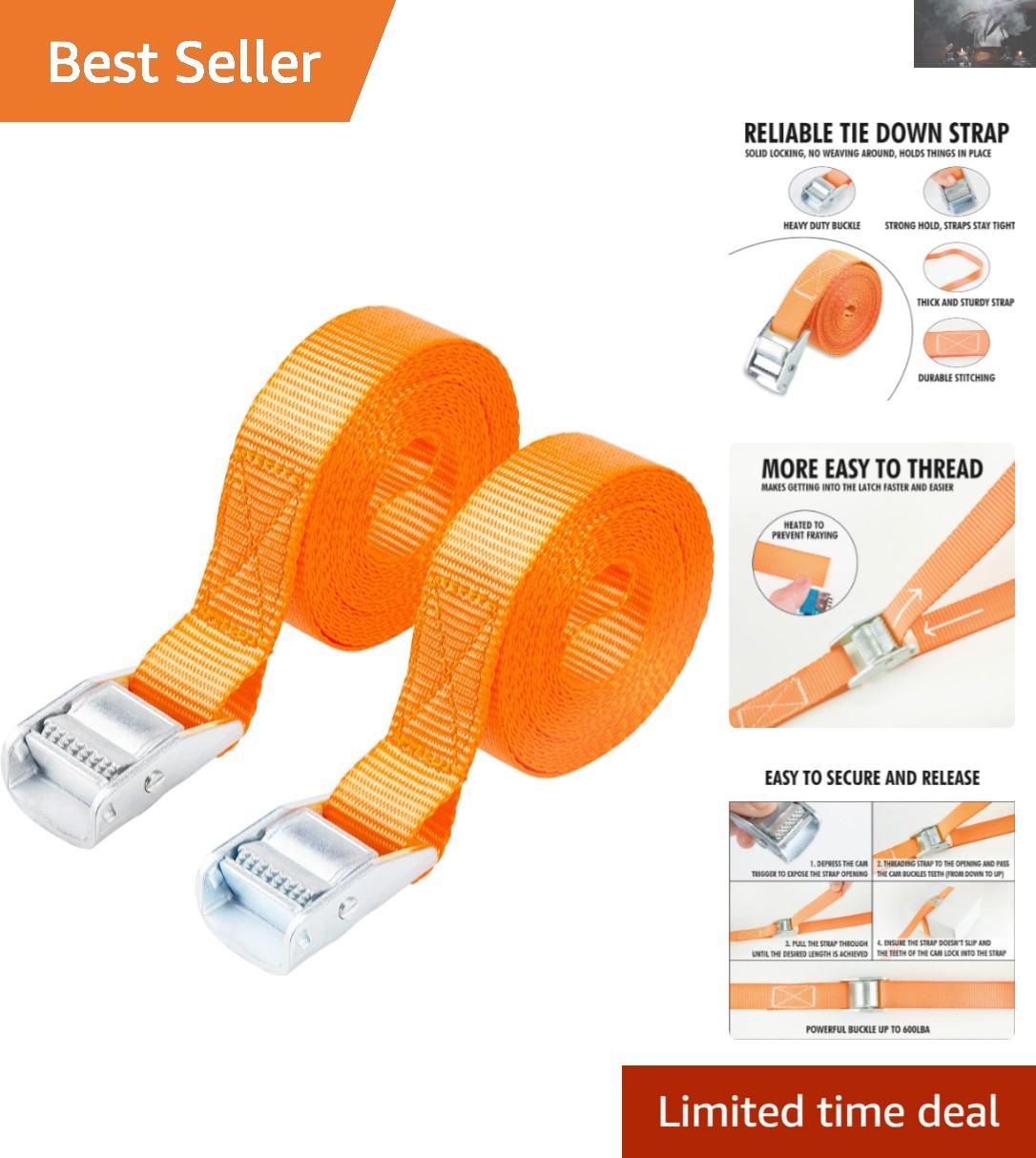 Secure 600lbs Lashing Straps - 12ft Long, 2-Pack, Corrosion-Resistant Orange gallery