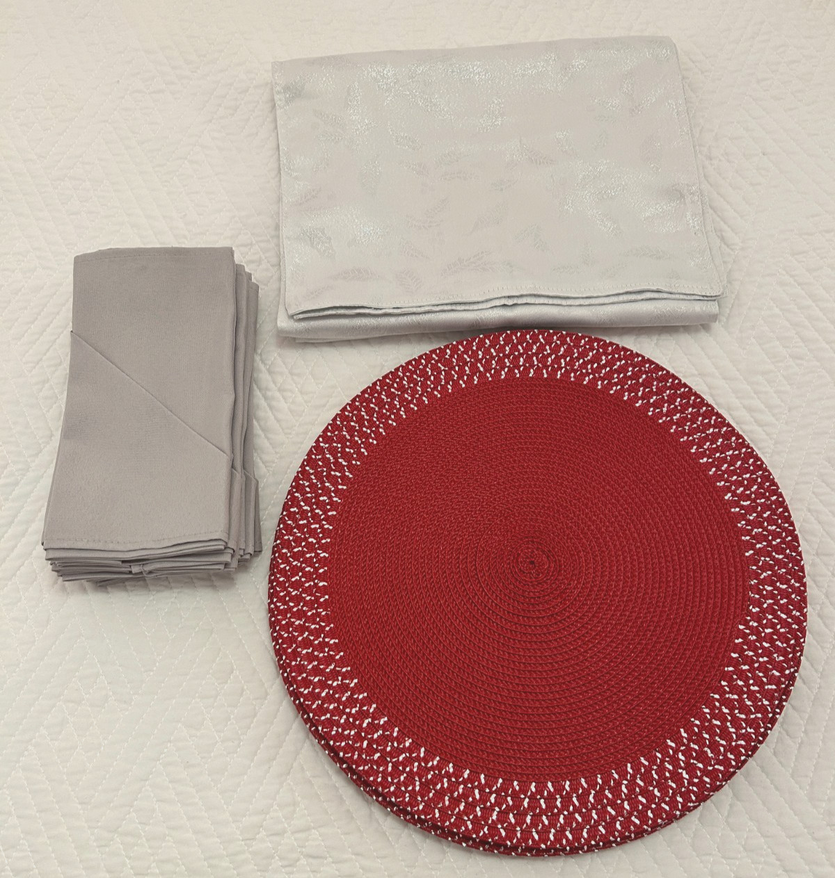 Elegant Silver & Red Holiday Dining Set- Runner, Placemats & Napkins gallery