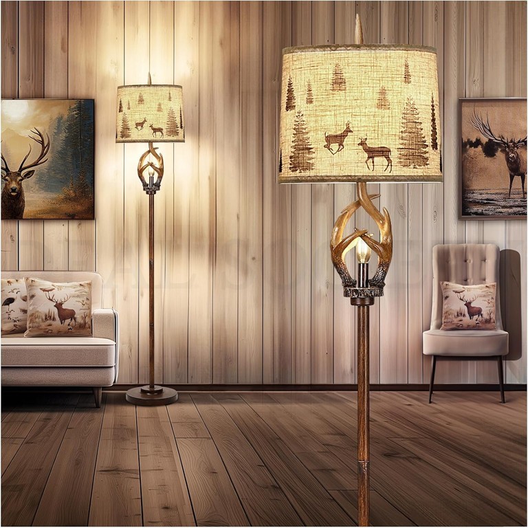 Rustic Farmhouse Antlers Floor Lamp Nightlight Brown Finish Round Shade gallery
