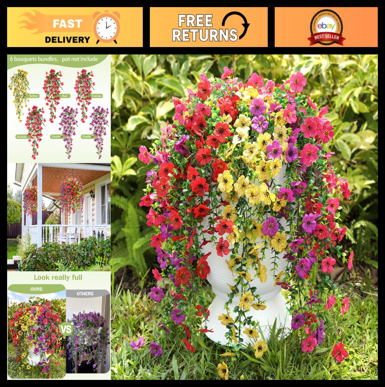 UV Resistant Artificial Hanging Flowers - 6 Bundles Realistic Faux Silk Plants f gallery