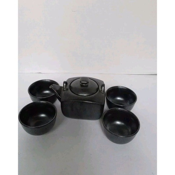 Matte Black Ceramic Tea Set 5pc Square Teapot and 4 Tea Cups Minimalist Modern gallery