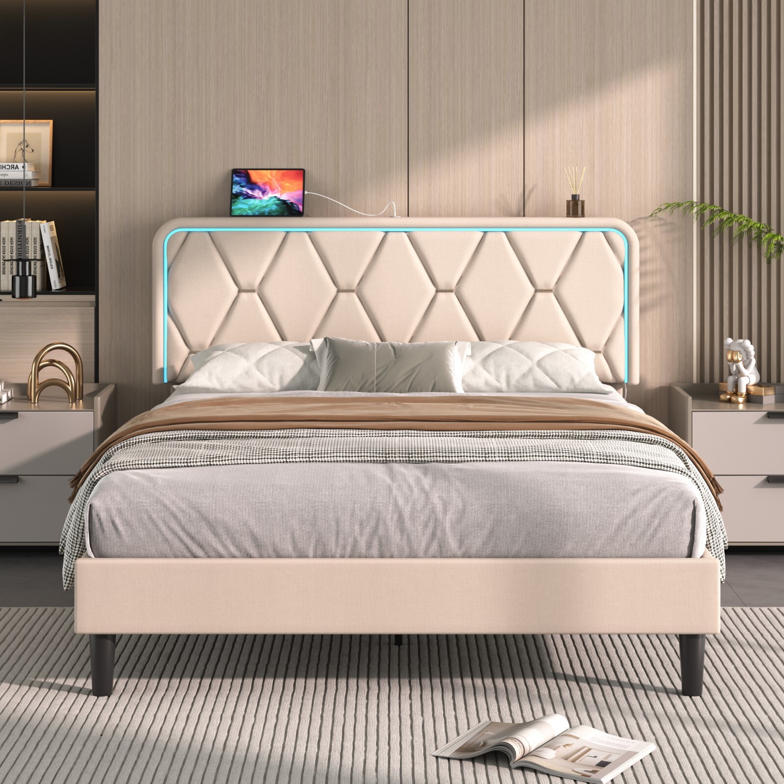 LED Light Queen Full Twin Bed Frame with USB Ports Size Headboard Platform Bed gallery