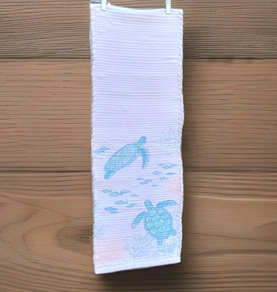 Turtle and Fish Table Runner Coastal Off White & Blue 13x72