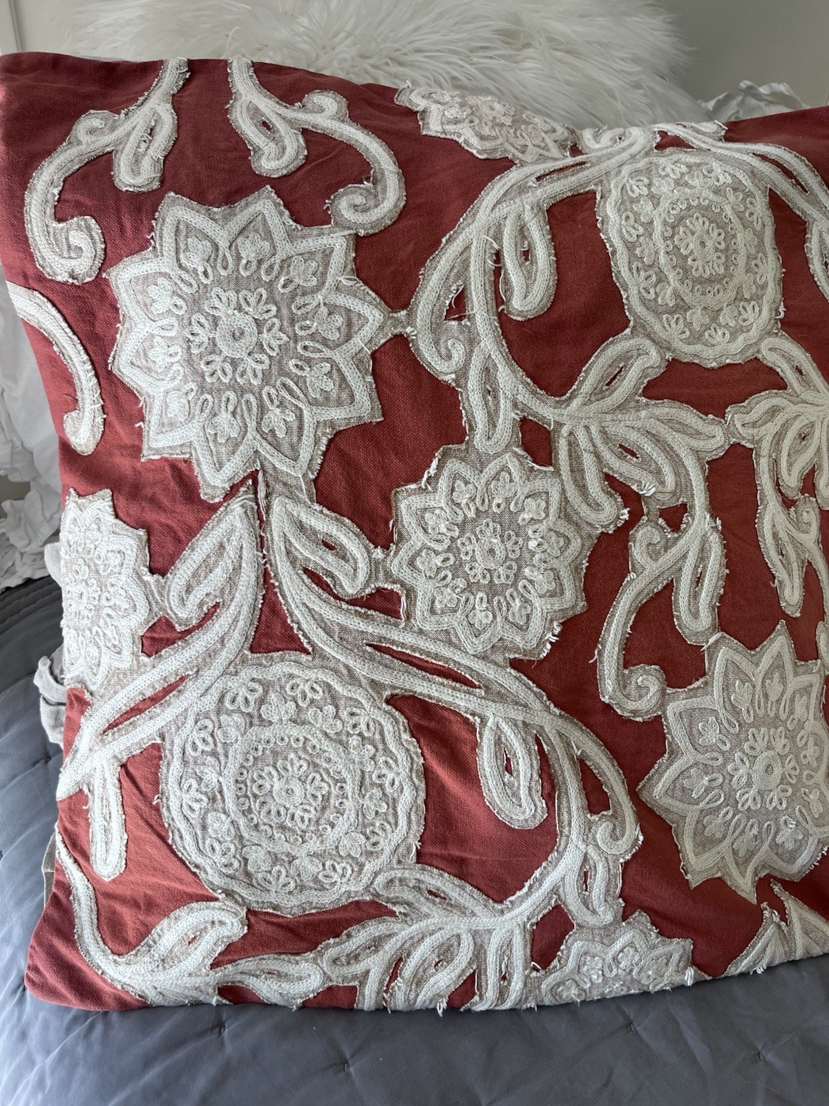 Pottery Barn Linen Floral Cream & Rust Appliqué, Pillow Cover Rustic Cottage gallery