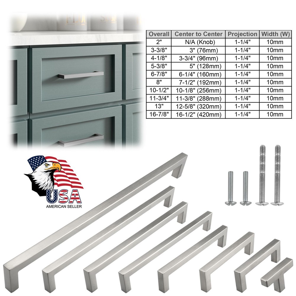 Brushed Nickel Square Kitchen Cabinet Drawer Handles Bar Pulls Stainless Steel