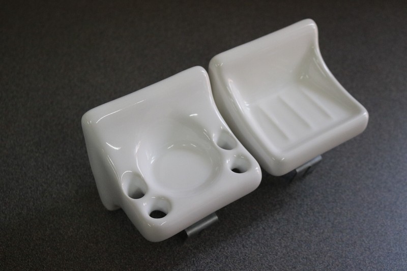 ACP Flat-Back Glossy White Ceramic Soap Dish & Toothbrush Holder Bathroom Set gallery