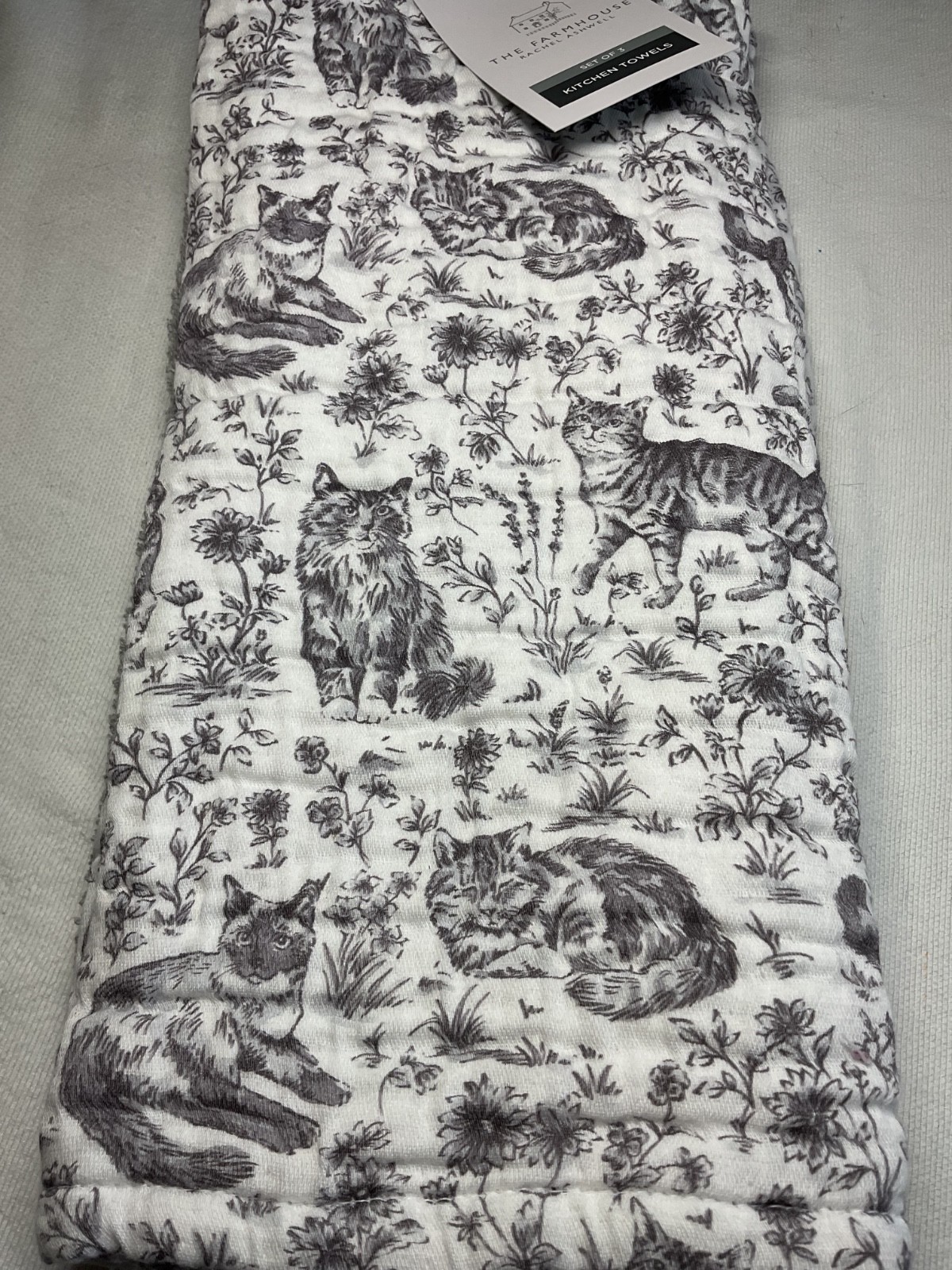 RACHEL ASHWELL FARMHOUSE (3) KITCHEN TOWELS CATS PURPLE GRAY 100% COTTON NWT gallery