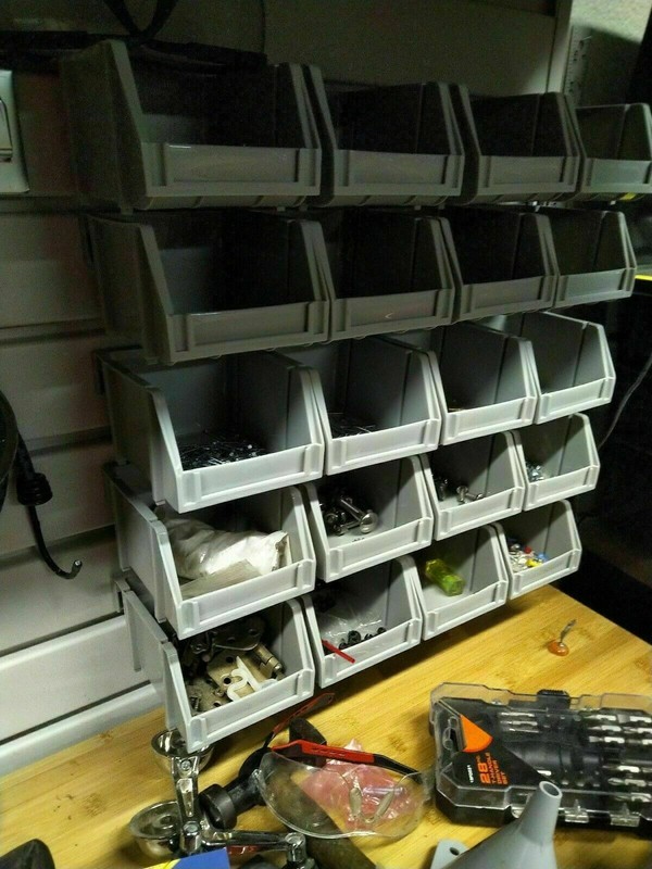 20 Bin Rail Mount Stackable Parts Storage Screws Bolts Nuts Organizer Shop Bins gallery