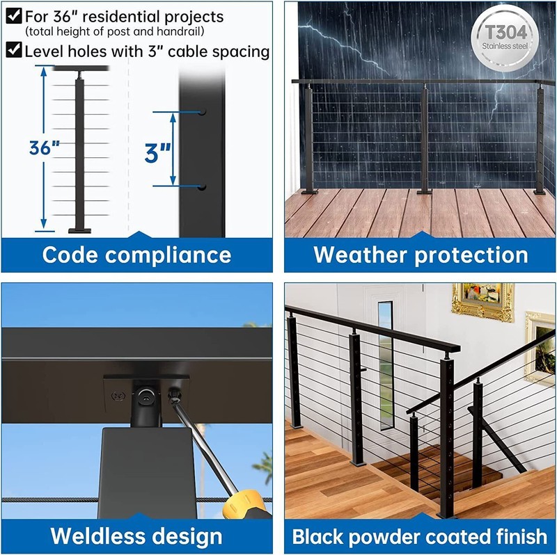 Level drilled Cable Railing Post 36"x2"x2"(Post Body 33") Stainless Steel Black gallery
